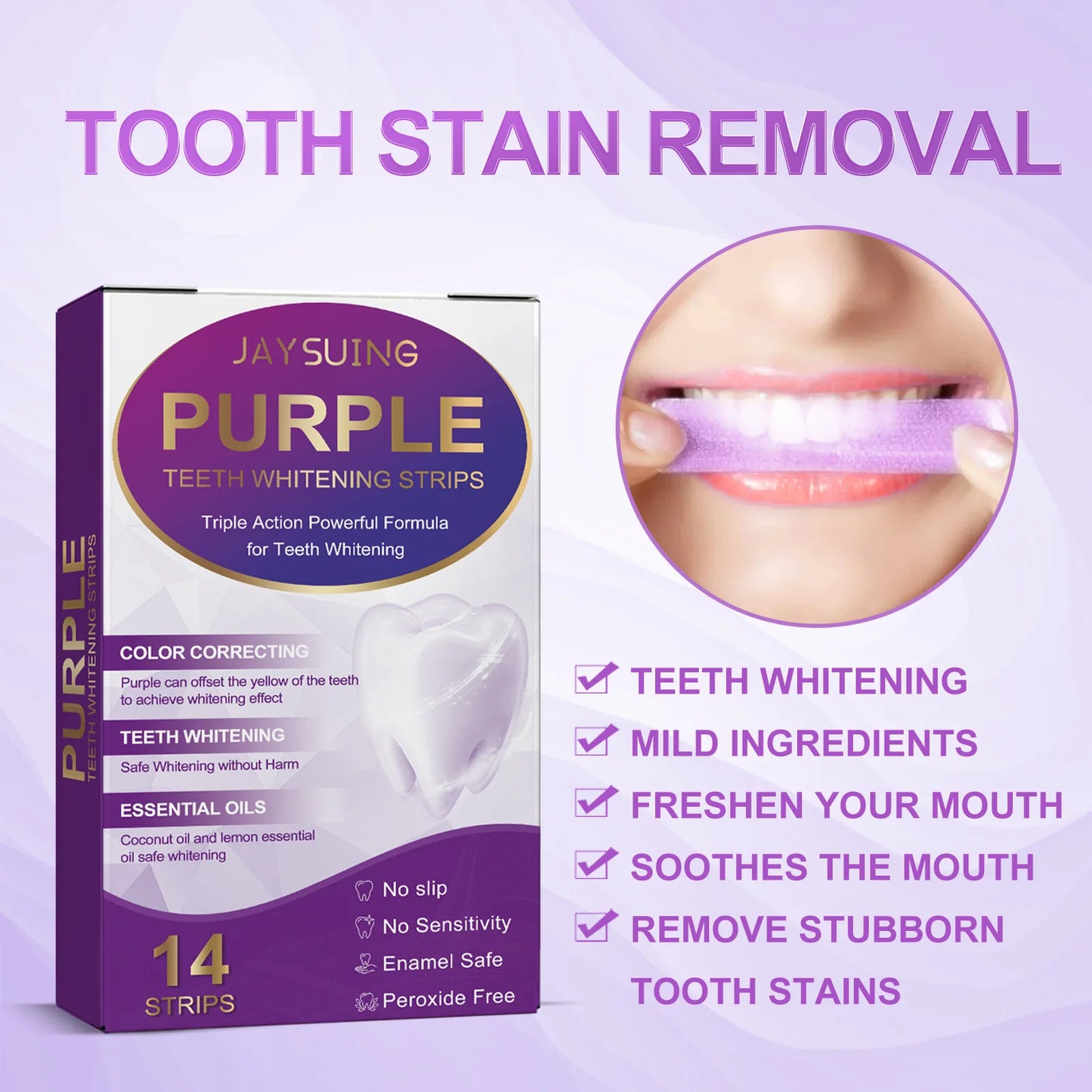 Purple Teeth Whitening Strips Remove Plaque Stains Cleaning Oral Hygiene Bleaching Dental Tools Fresh Breath Brighten Tooth Care